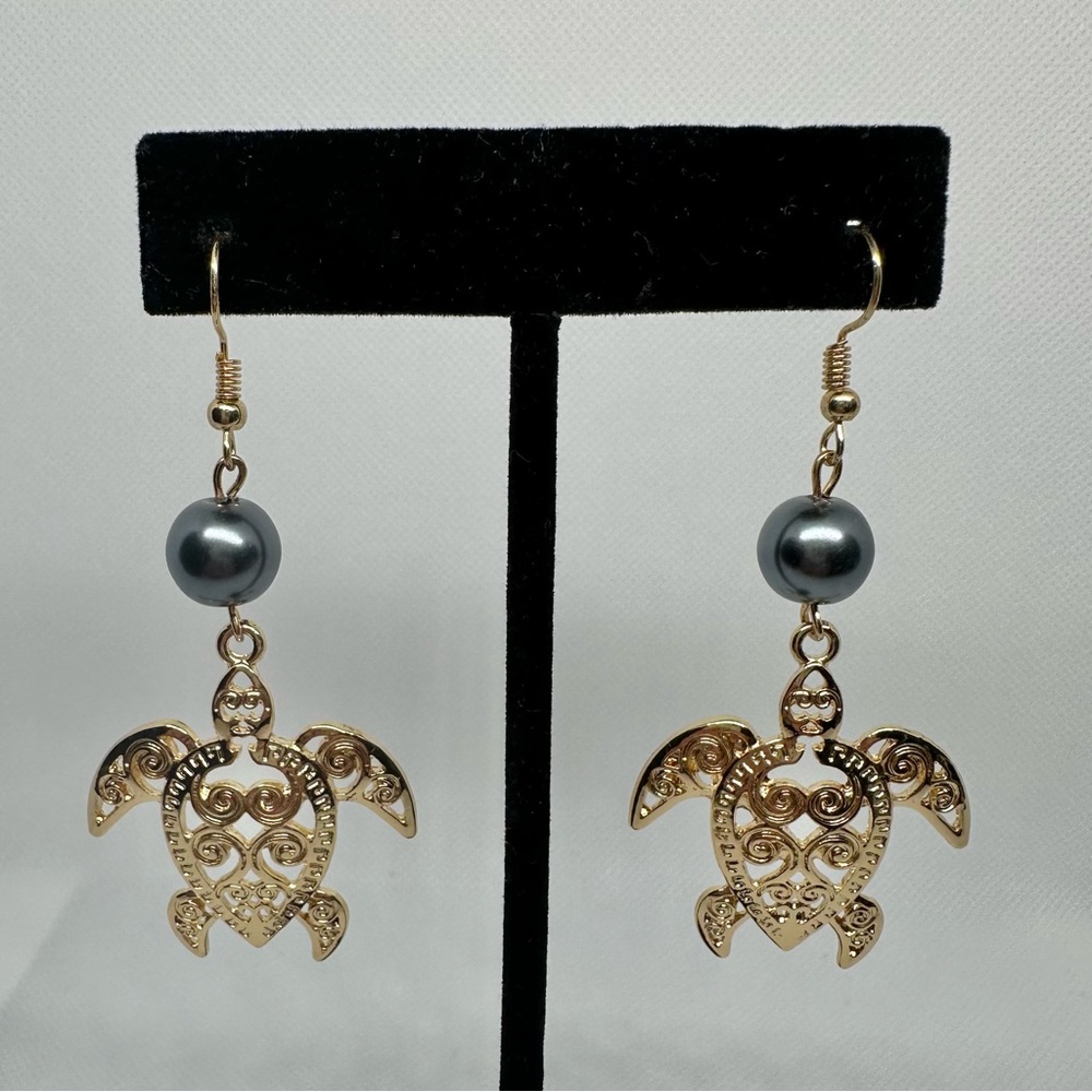 Gold Hawaiian Honu Sea Turtle Drop Earrings Pearl Dangle